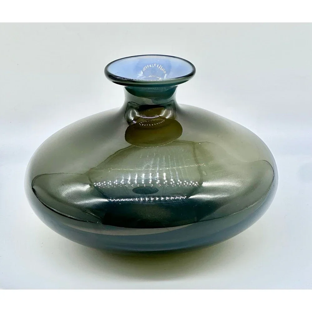 West Elm Smoke Gray Green Flair Blue Opaque VaseMouth blown studio glass vase